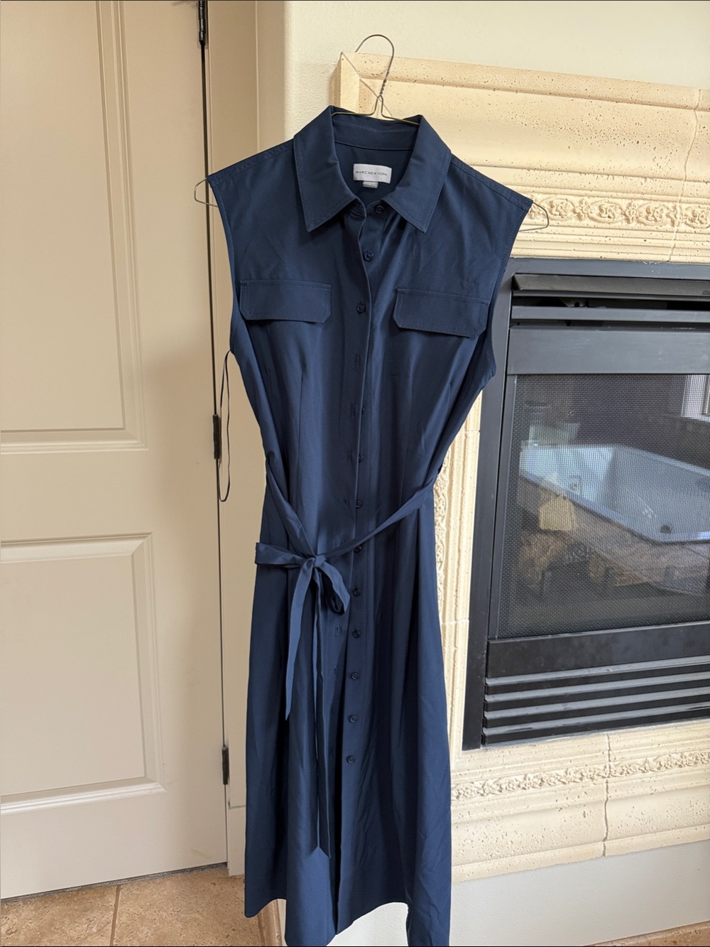 Sleeveless Navy Midi Shirt Dress with Tie Belt